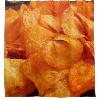 Close up of juicy, crispy, chips on black plate. shower curtain