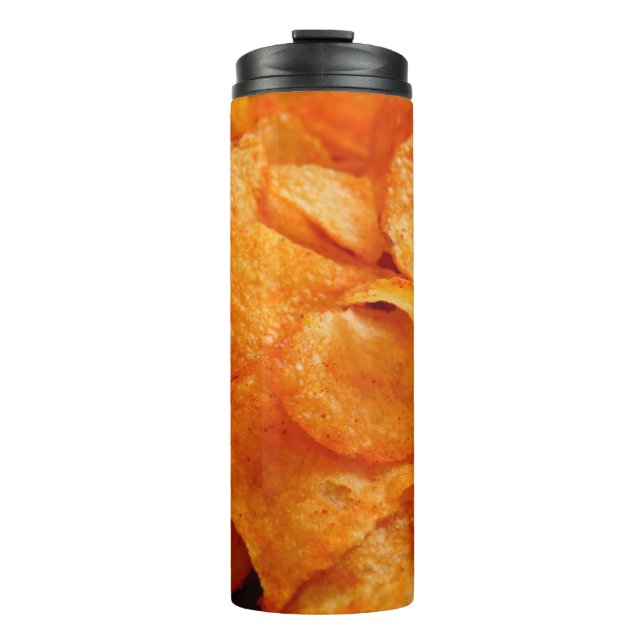 Close up of juicy, crispy, chips on black plate. thermal tumbler (Front)