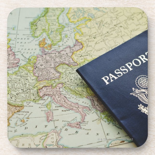 Close-up of passport lying on European map Coaster (Front)