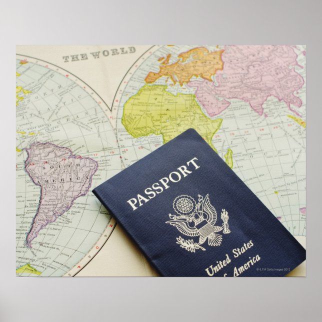 Close-up of passport lying on map poster (Front)