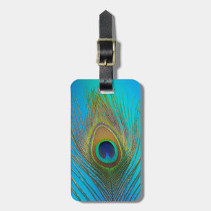 Close up of peacock feather luggage tag