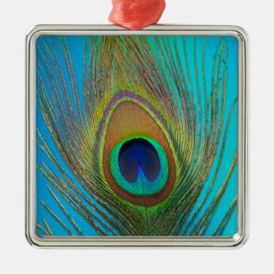 Close up of peacock feather metal tree decoration
