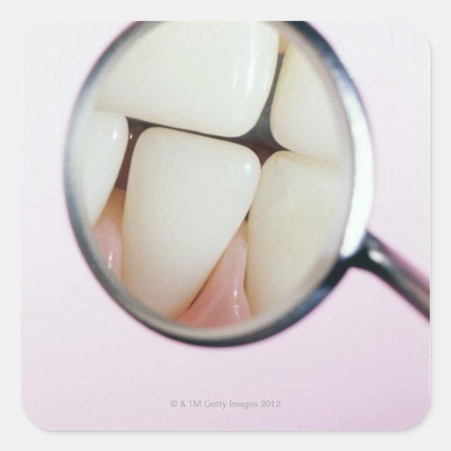 Close-up of teeth reflected in dental mirror square sticker (Front)