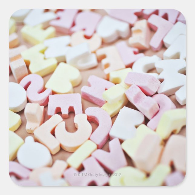 Close up of vibrant candy alphabet square sticker (Front)