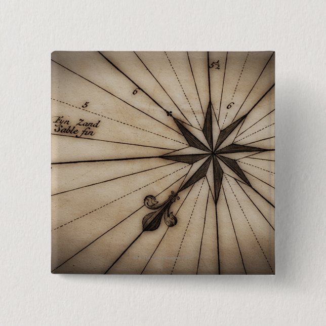 Close up of wind rose on antique map 15 cm square badge (Front)