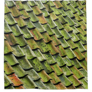 Close-up photo of green shingle roof shower curtain