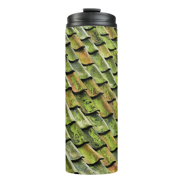 Close-up photo of green shingle roof thermal tumbler (Front)