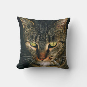 CLOSE-UP PHOTOGRAPHY OF GRAY TABBY CAT CUSHION