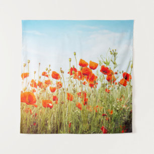 Close up poppies on field. Wild flowers in springt Tapestry