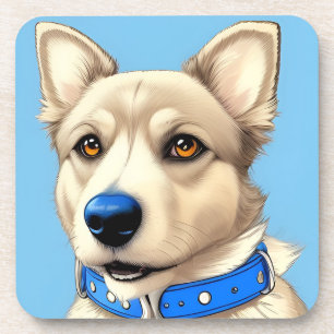 Close-Up Portrait of a Dog Wearing a Blue Collar Coaster