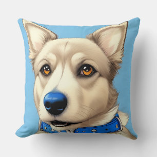 Close-Up Portrait of a Dog Wearing a Blue Collar Cushion