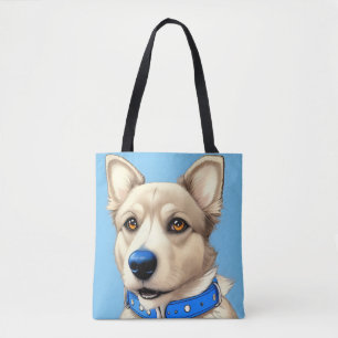 Close-Up Portrait of a Dog Wearing a Blue Collar Tote Bag