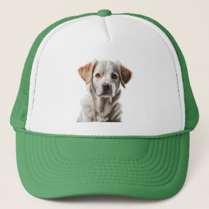 Close-Up Portrait of a Sweet-Faced Dog Trucker Hat