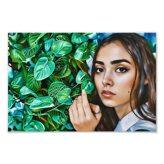 Close-Up Portrait of Woman With Lush Greenery Photo Print (Front)