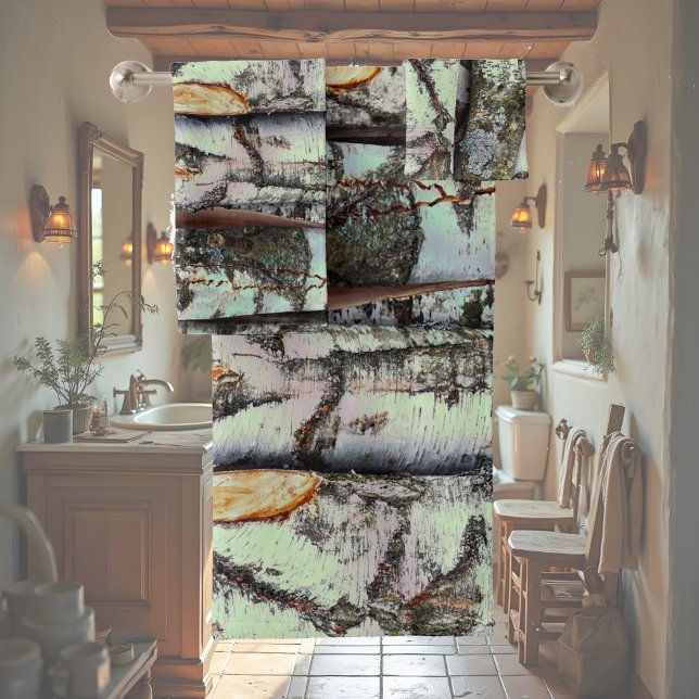 Close-up scene of birch log stumps, rustic charm bath towel set (Creator Uploaded)