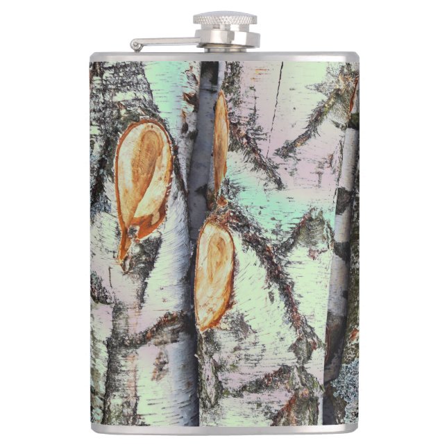Close-up scene of birch log stumps, rustic charm hip flask (Front)