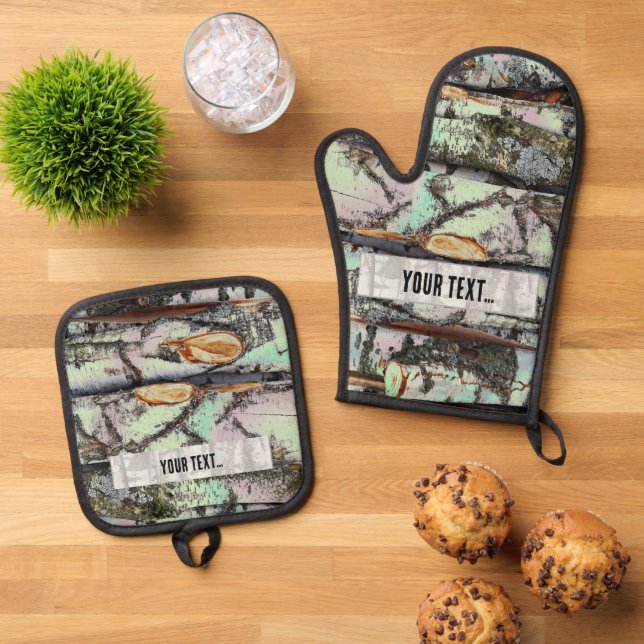 Close-up scene of birch log stumps, rustic charm oven mitt & pot holder set (Top Down)