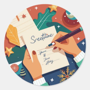 close-up-shot-of-hands-writing-a-postcard-with classic round sticker