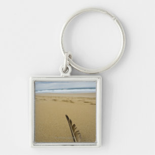 Close-up view of bird feather in beach sand, key ring