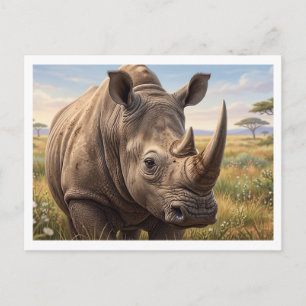 Close Up Wild Rhino Portrait In Savanna Photo Enla Postcard