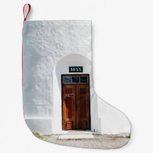 CLOSED 1852 WOODEN DOOR AT DAYTIME SMALL CHRISTMAS STOCKING