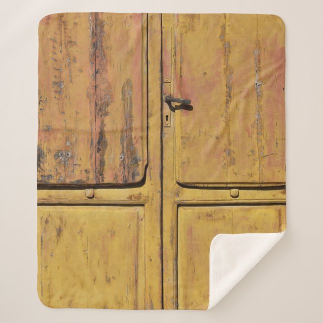 Closed brown wooden cabinet sherpa blanket (Front)