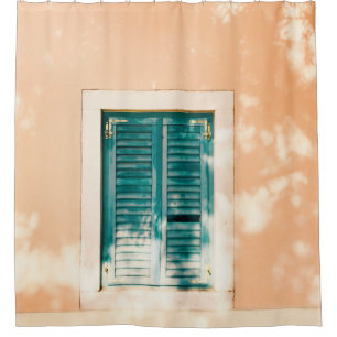 Closed green wooden door shower curtain