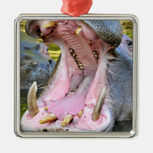 Closeup of hippopotamus open mouth metal tree decoration