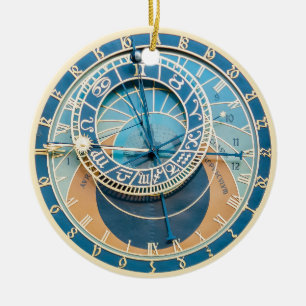 Closeup on Prague Astronomical Clock, Czech R. Ceramic Tree Decoration