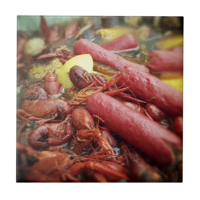 Closeup Photo of Boiled Crawfish and Sausage Tile (Front)