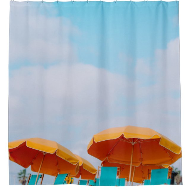 Closeup photo of lounger chairs and beach umbrella shower curtain (Front)