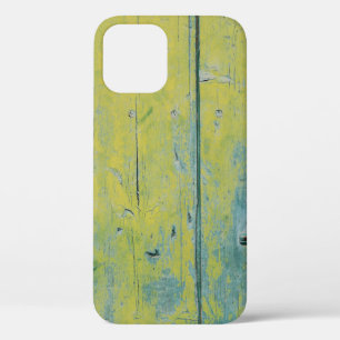 Closeup photo of yellow and teal wooden board iPhone 12 case