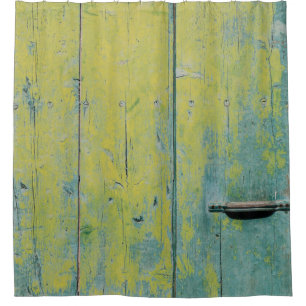 Closeup photo of yellow and teal wooden board shower curtain