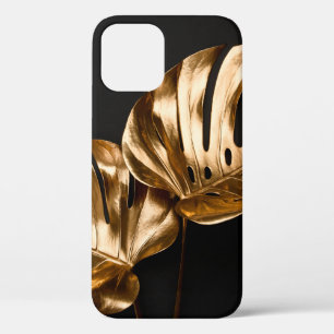 Closeup view of natural gold painted monstera trop iPhone 12 case