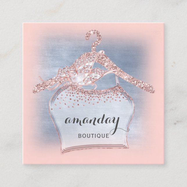 Cloth Hanger Dress Fashion Shop Blue Rose Diamond Square Business Card (Front)