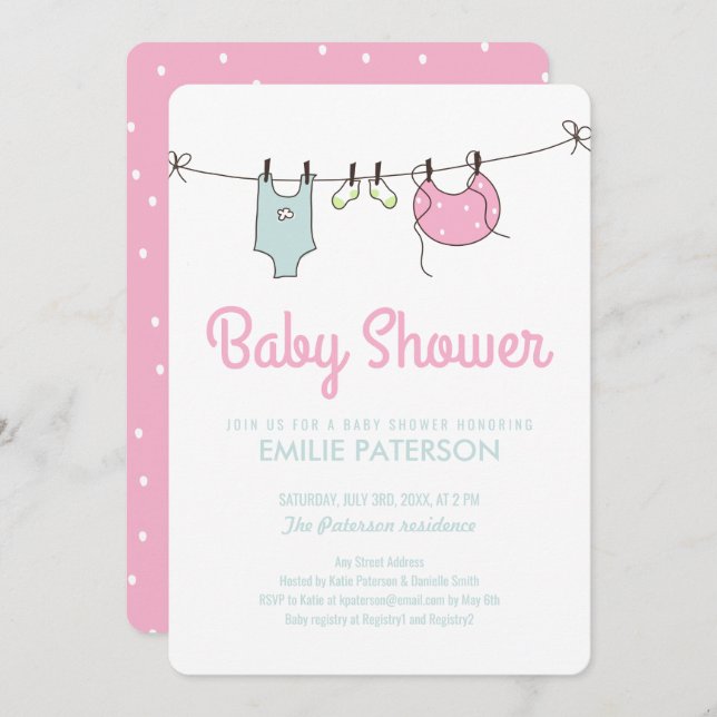 Clothes Line Baby Shower Invitation (Front/Back)