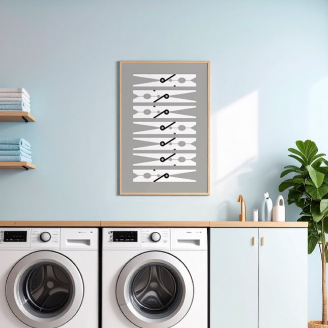 Clothes Pins Black White and Grey Laundry Room Art Poster (medium gray and white modern graphic clothes pins art for a fun laundry room)