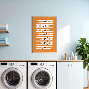 Clothes Pins Black White and Orange Laundry Room Poster