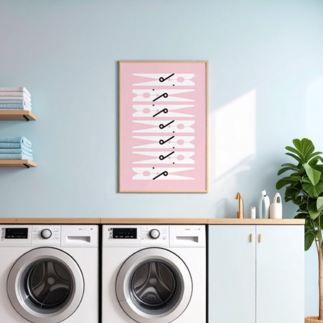 Clothes Pins Black White and Pink Laundry Room Poster (pale pink and white modern graphic clothes pins art for a fun laundry room)