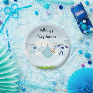 Clothesline Baby Boy Shower Paper Plates