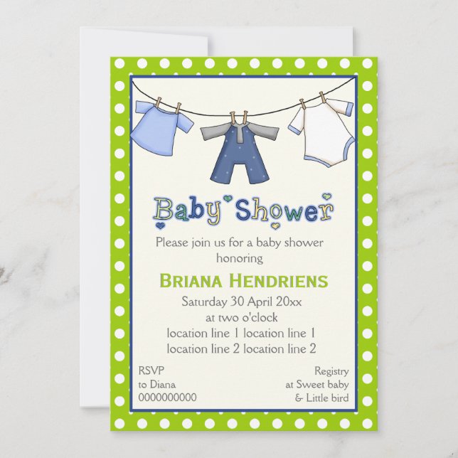 Clothesline baby boy shower personalised invitation (Front)