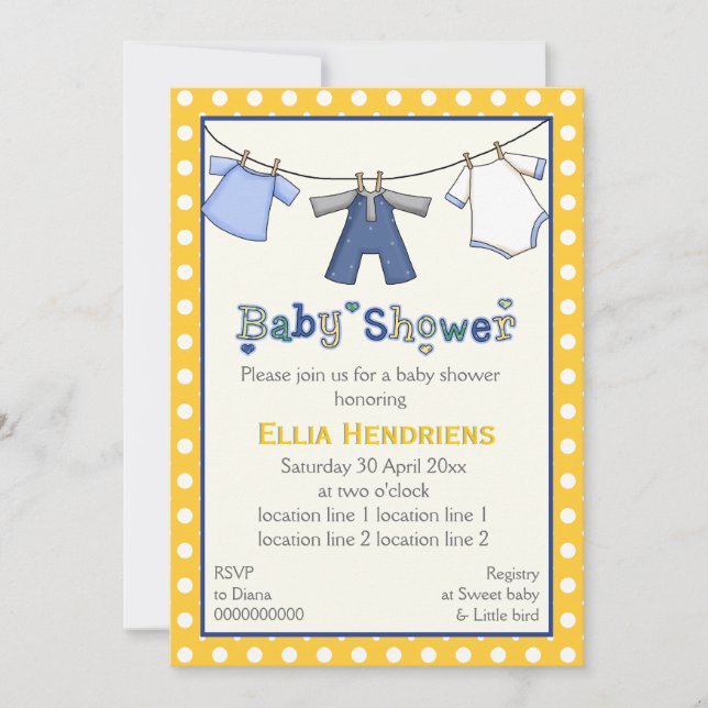 Clothesline baby boy shower personalised invitation (Front)