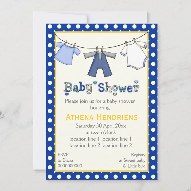 Clothesline baby boy shower personalised invitation (Front)