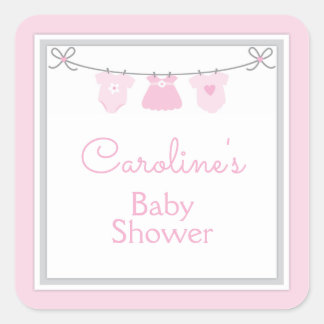 Clothesline Baby Girl Shower Pink Grey Chevron Square Sticker