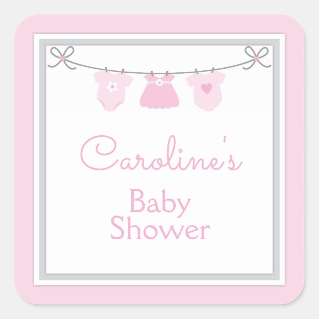 Clothesline Baby Girl Shower Pink Grey Chevron Square Sticker (Front)