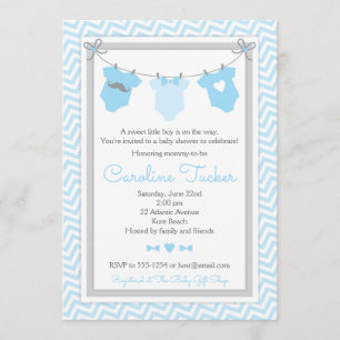 Clothesline Baby Shower Invitation blue and grey