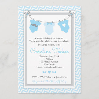 Clothesline Baby Shower Invitation blue and grey