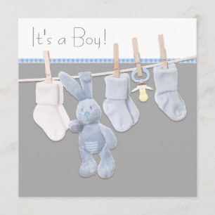 Clothesline Blue and Grey Baby Boy Shower Invitation