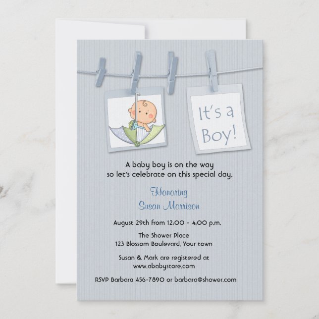 Clothesline, Blue, Baby Boy Shower Invitation (Front)
