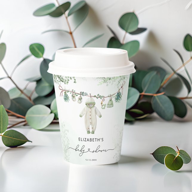 Clothesline Boho Sage Green Baby Shower Paper Cups (Creator Uploaded)